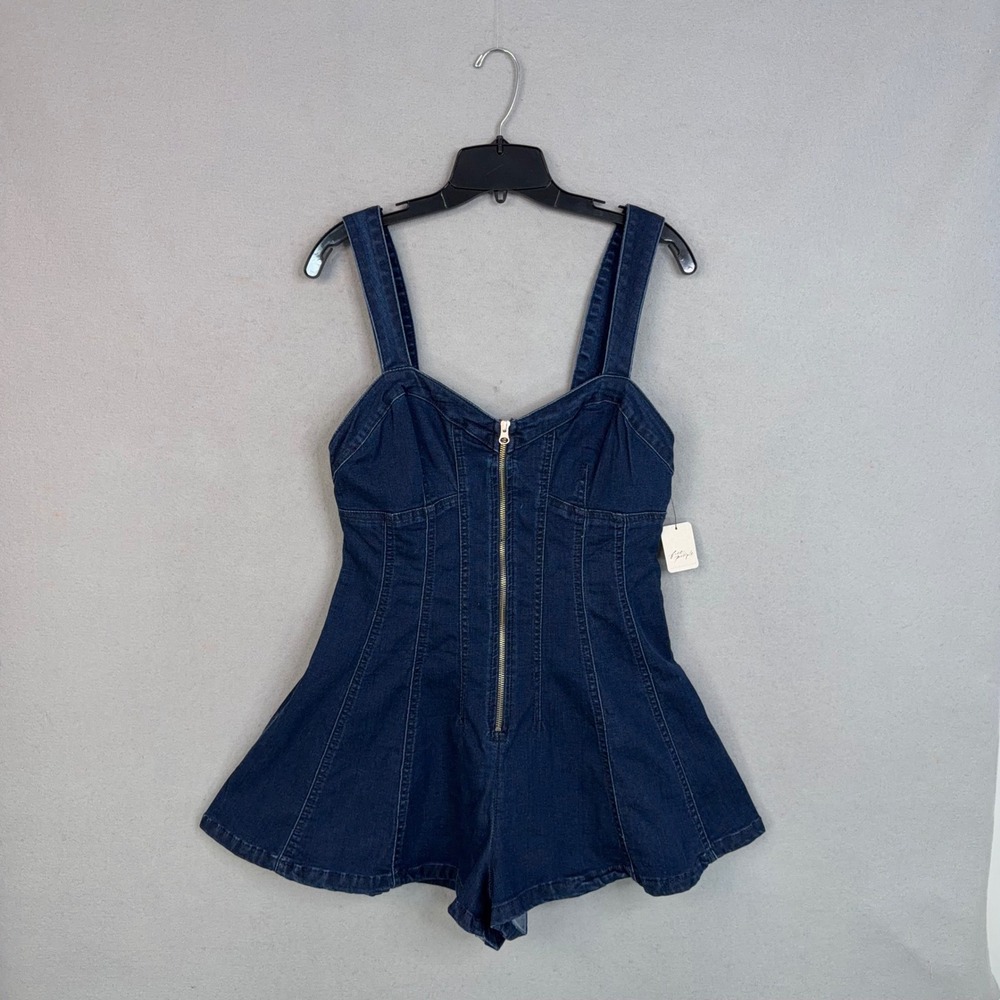 Free People Romper Womens 10 Blue Denim Delancey Flare Front Denim Boho NWT